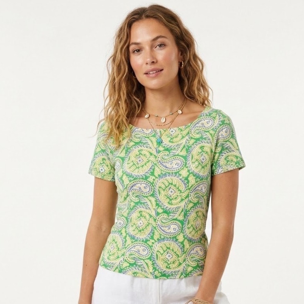Y2K Lauren Ralph Lauren Paisley 100% Cotton Large Top Green Boho Garden Coastal